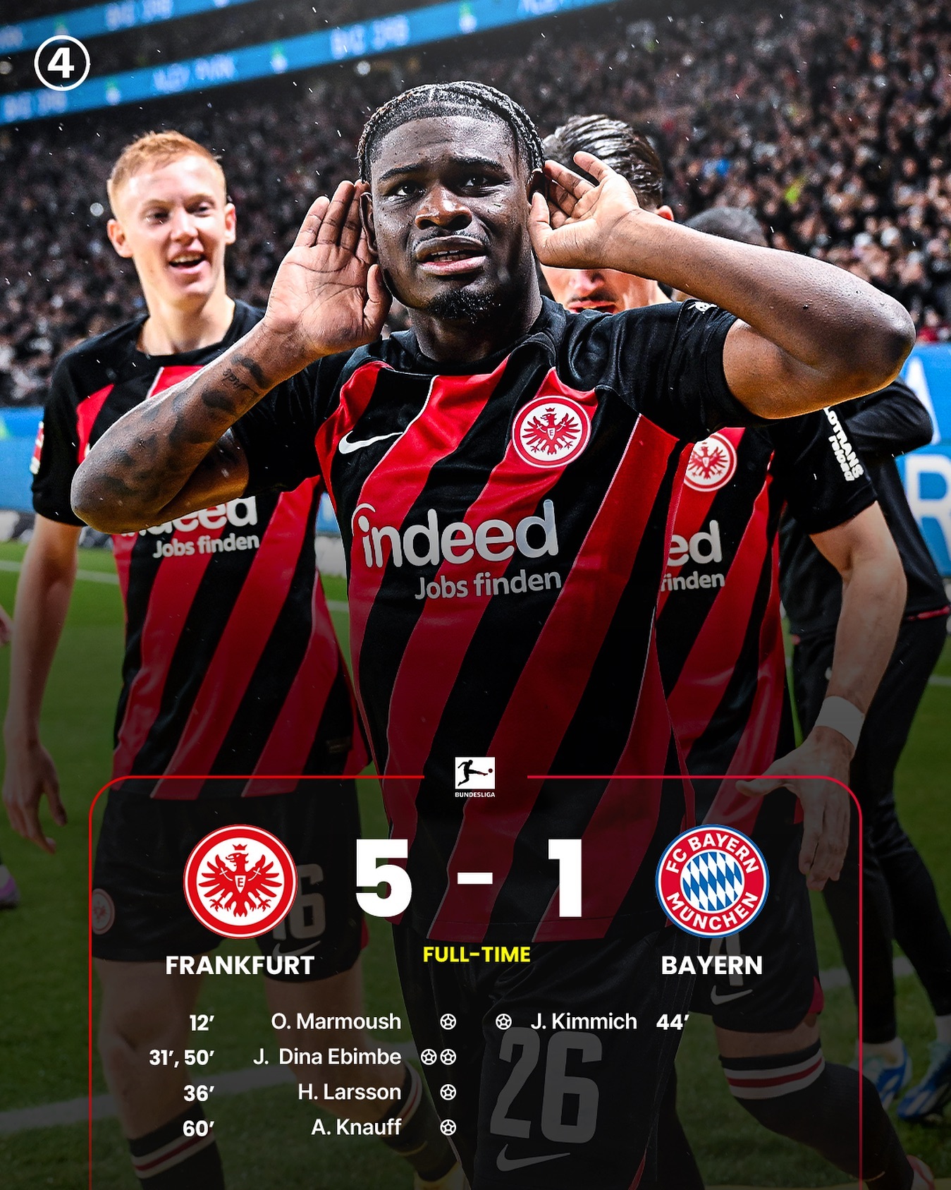 Frankfurt secara mengejutkan berhasil mengalahkan raksasa Jerman Bayern Munchen dengan 5 gol